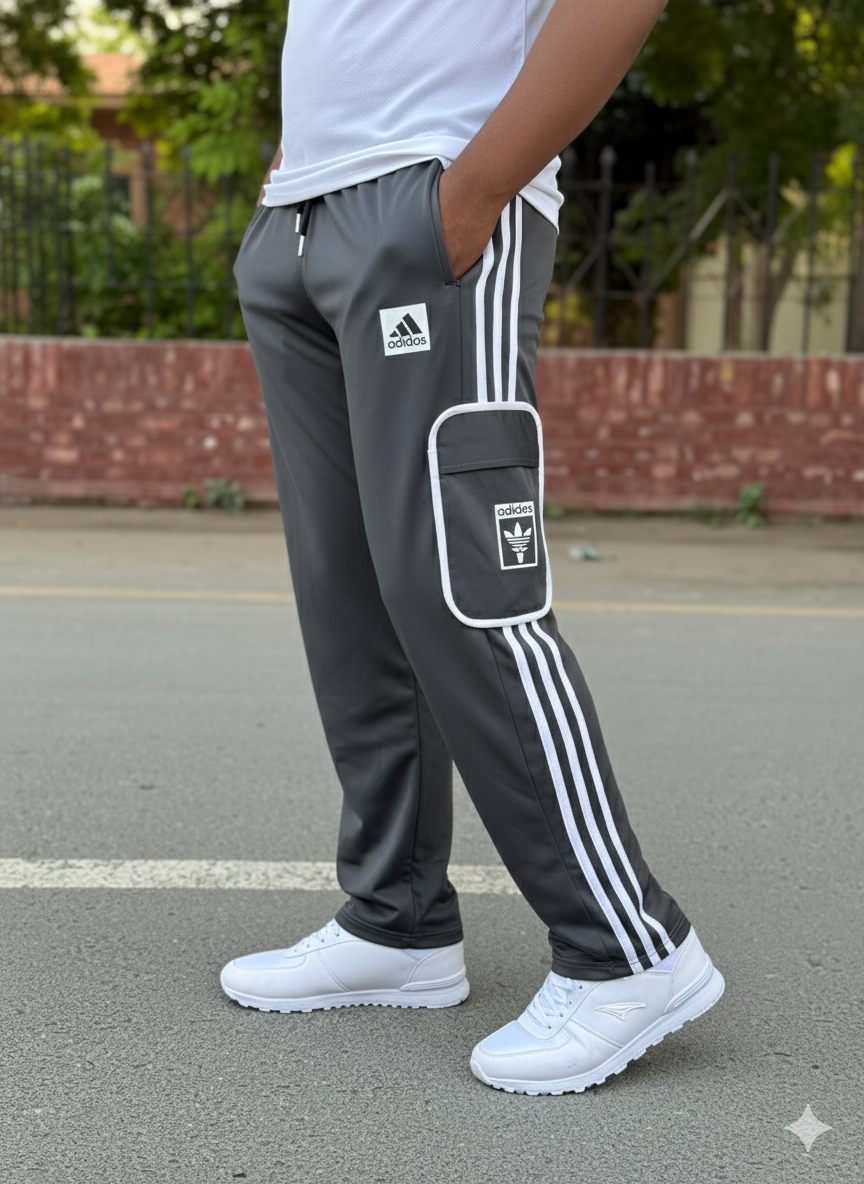 Premium Gray Three Tapes Men's 4 way Stretch-able Lycra Oval Pocket Cargo Trousers