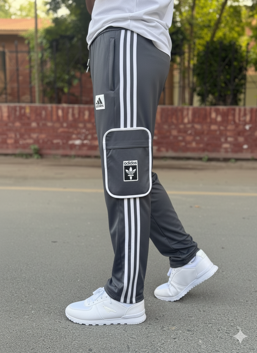 Premium Gray Three Tapes Men's 4 way Stretch-able Lycra Oval Pocket Cargo Trousers