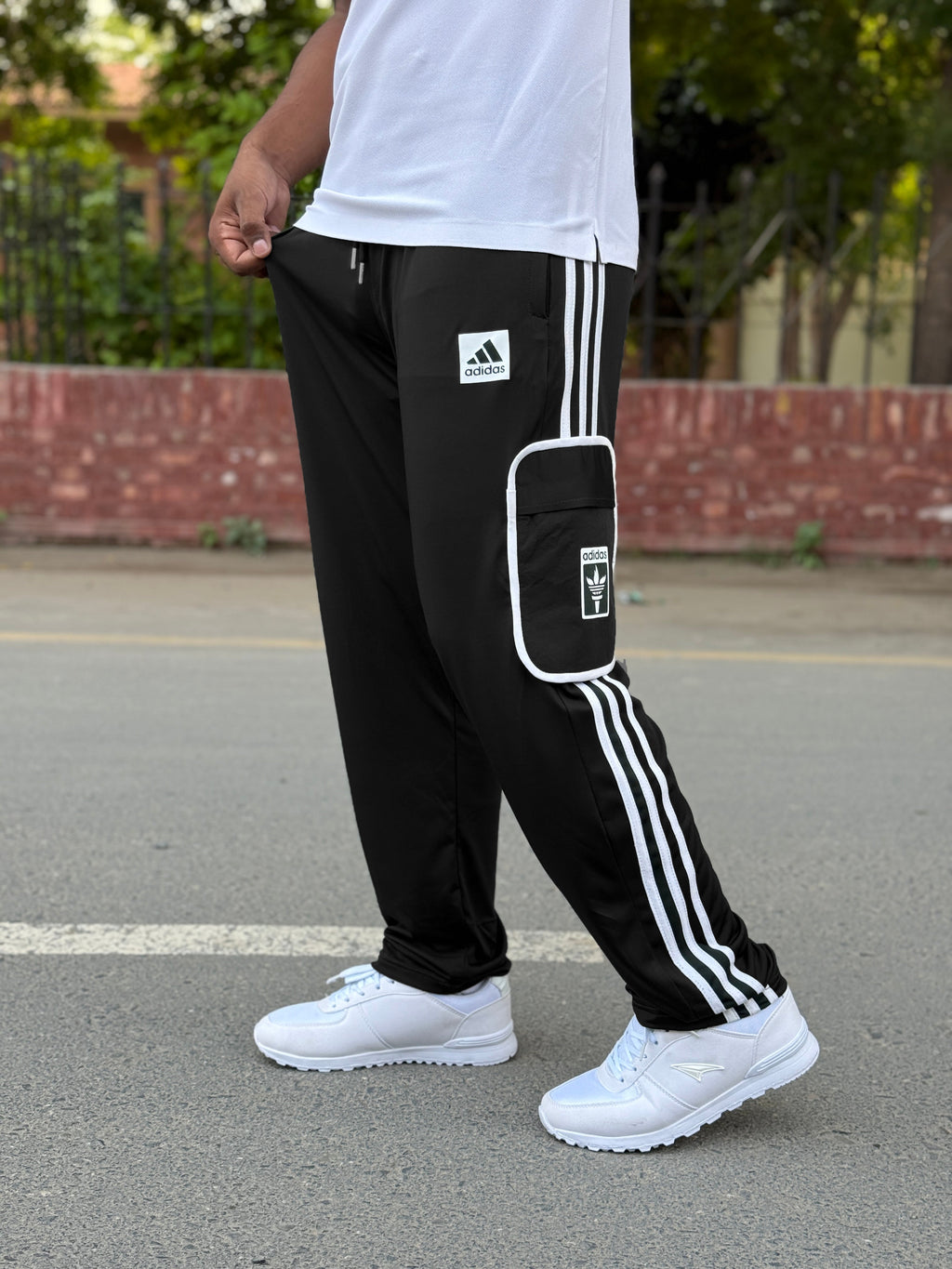 Premium Black Three Tapes Men's 4 way Stretch-able Lycra Oval Pocket Cargo Trousers