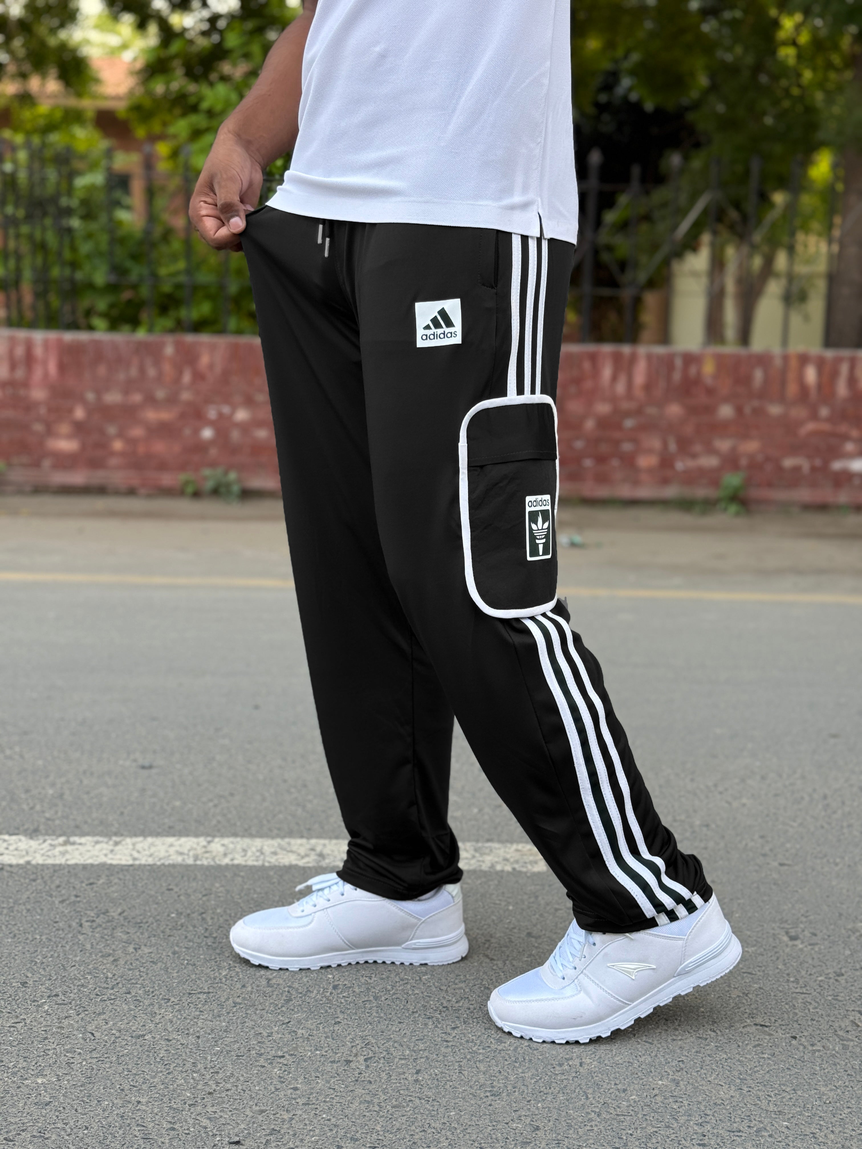 Premium Black Three Tapes Men's 4 way Stretch-able Lycra Oval Pocket Cargo Trousers