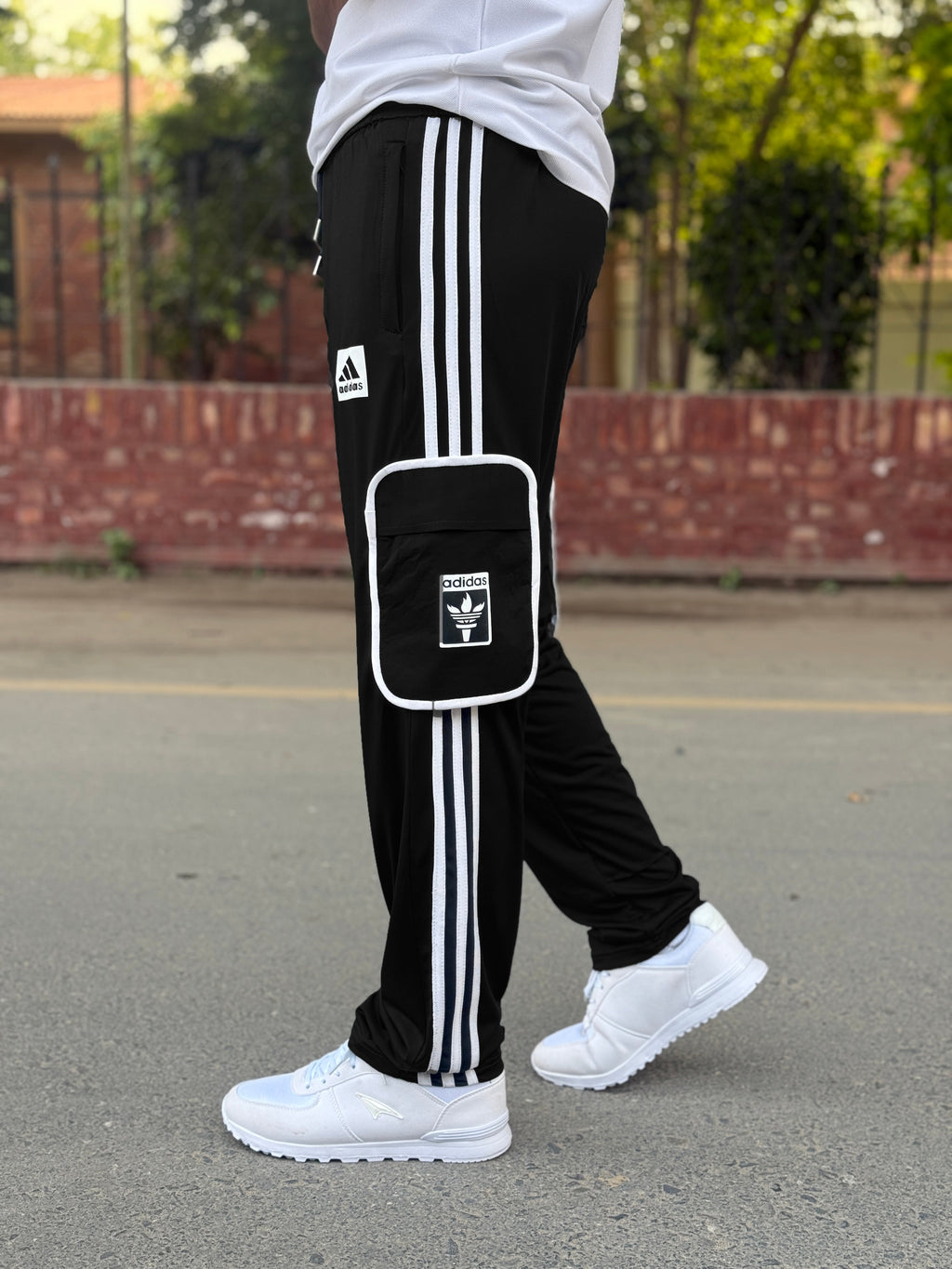 Premium Black Three Tapes Men's 4 way Stretch-able Lycra Oval Pocket Cargo Trousers