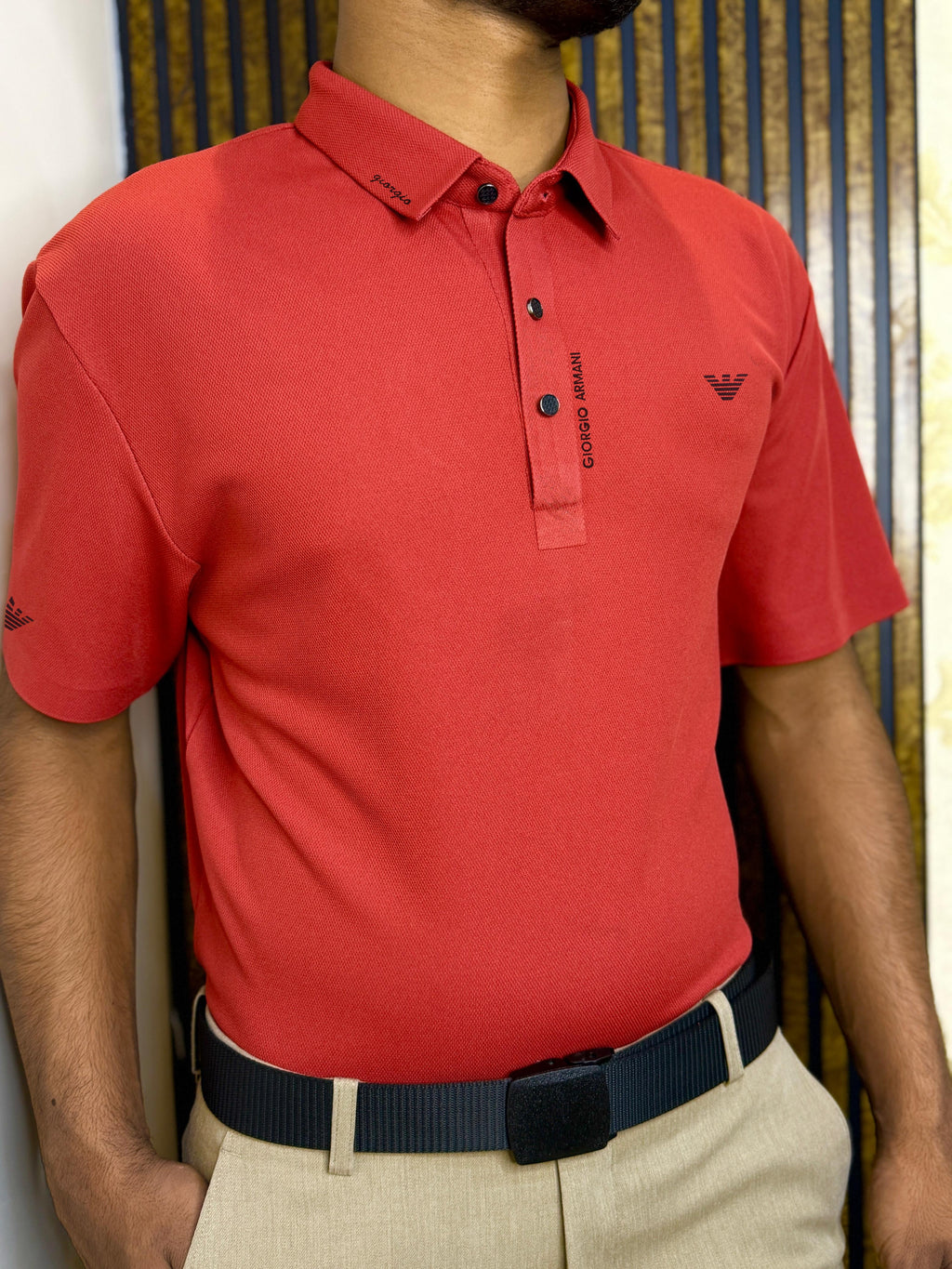 ITALIAN TEXTURED STITCHLESS POLO SHIRT LVPS-011 CARROT RED