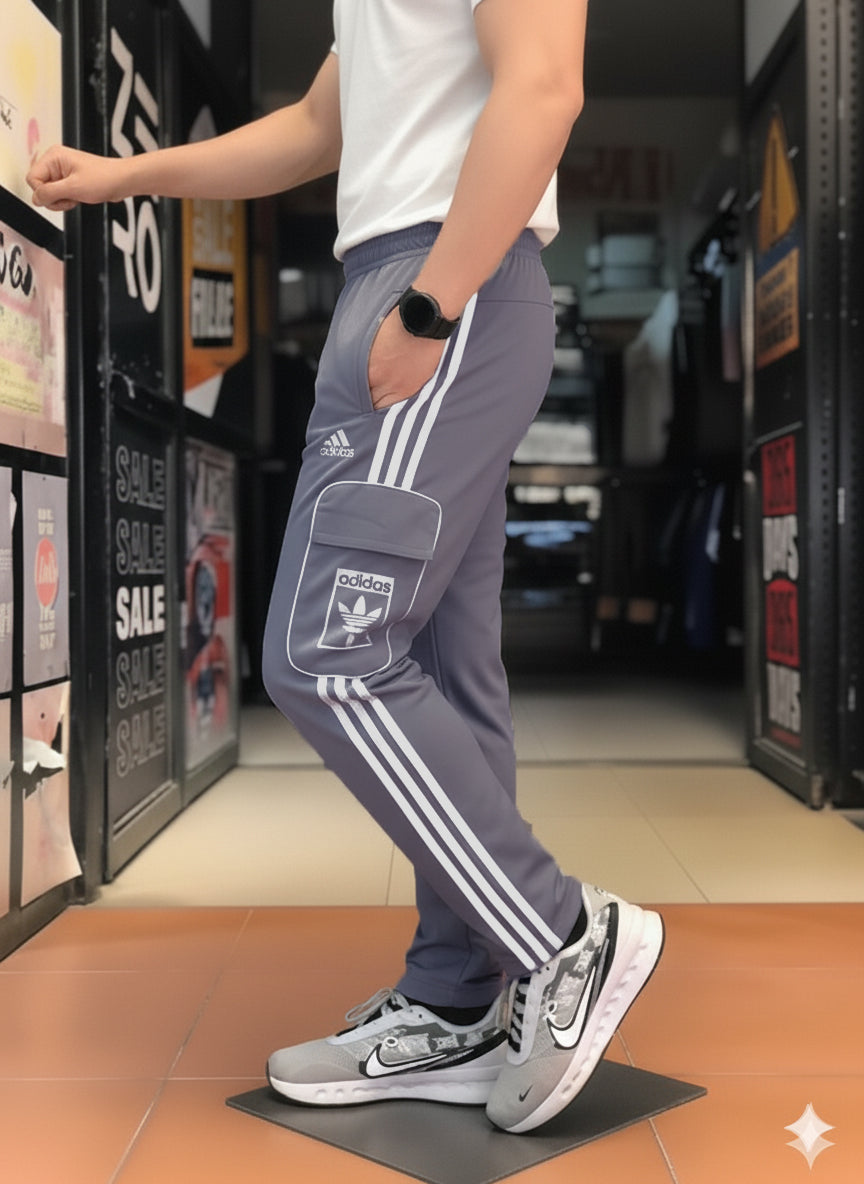 Premium Gray Three Tapes Men's 4 way Stretch-able Lycra Oval Pocket Cargo Trousers