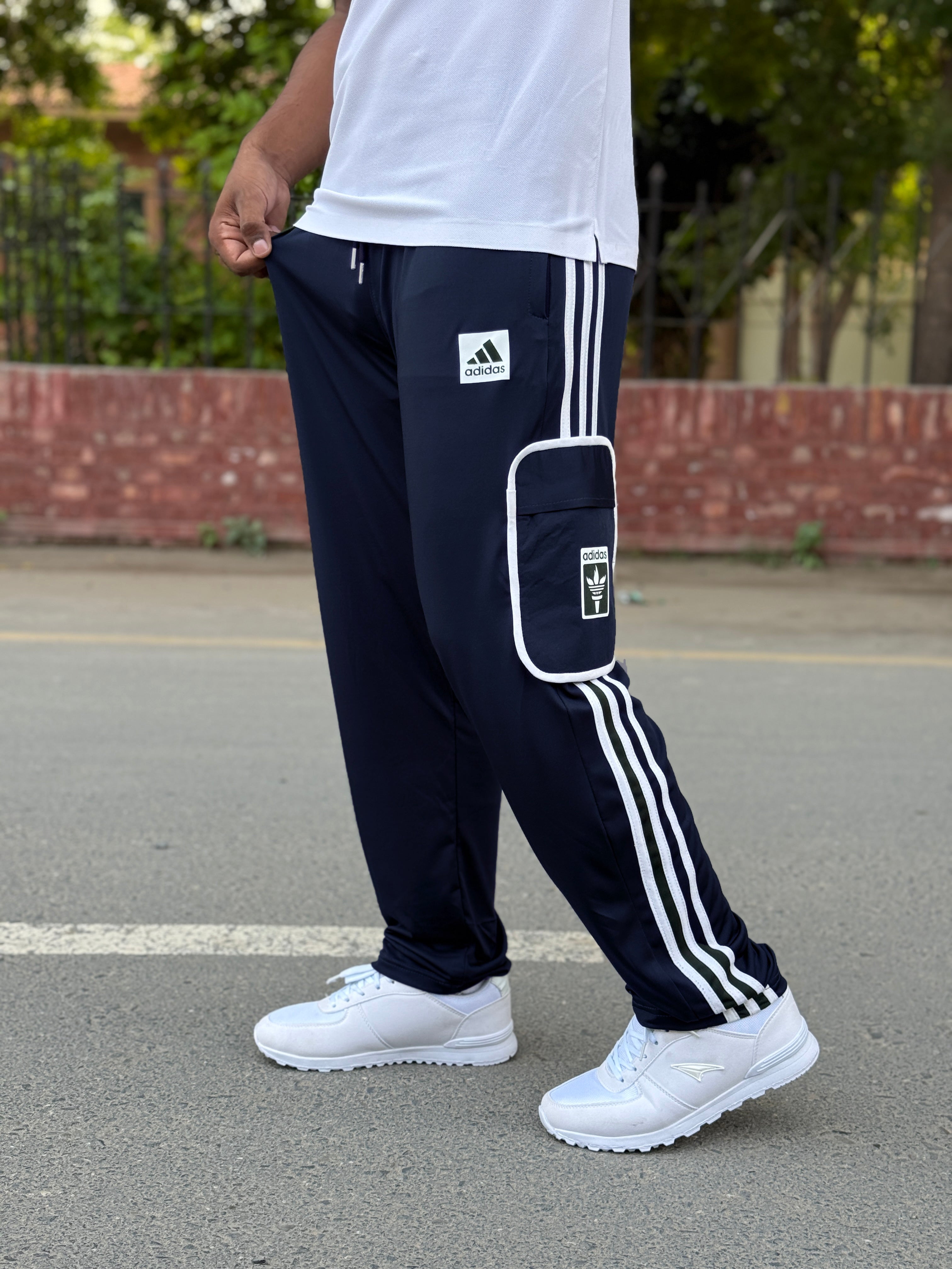 Premium Navy Blue Three Tapes Men's 4 way Stretch-able Lycra Oval Pocket Cargo Trousers