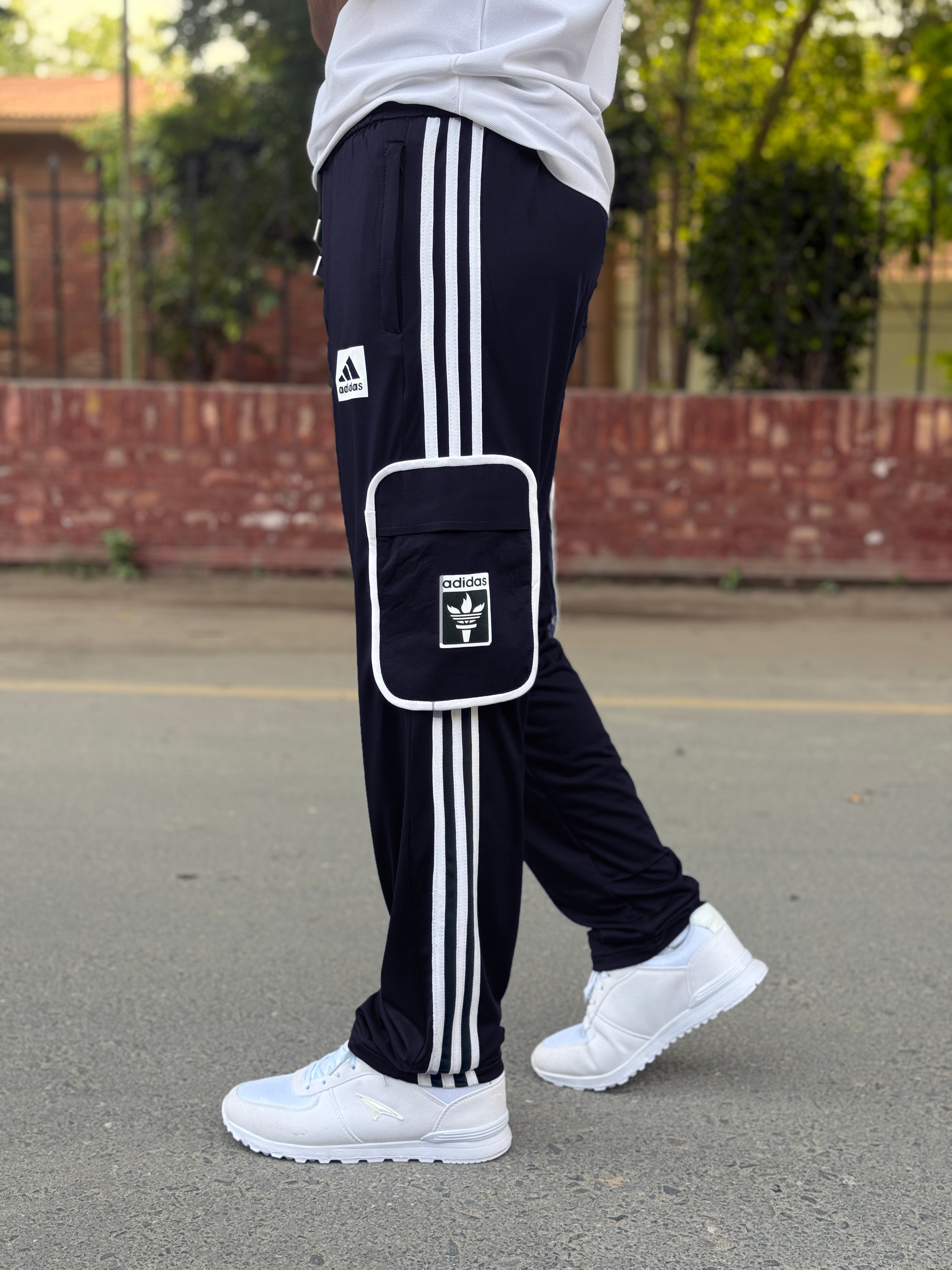 Premium Navy Blue Three Tapes Men's 4 way Stretch-able Lycra Oval Pocket Cargo Trousers