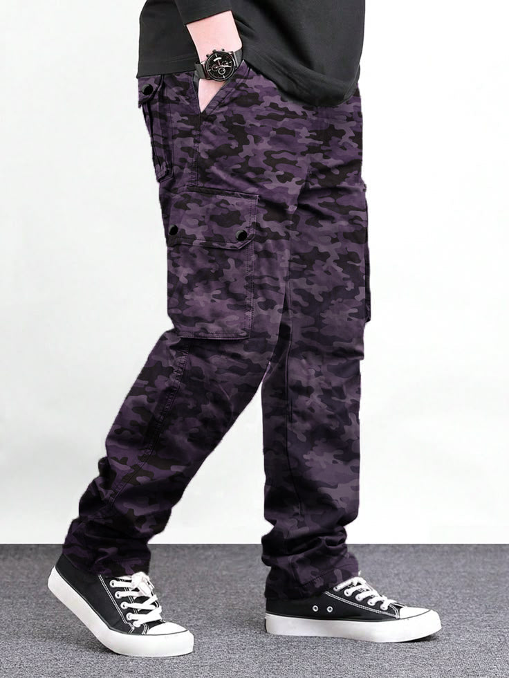 Men's Italian Purple Gray Camouflage Cargo 6 Pocket With Mate Stud Button